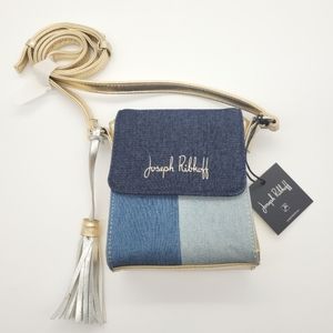 JOSEPH RIBKOFF | patchwork denim & metallic gold tassel mini crossbody purse